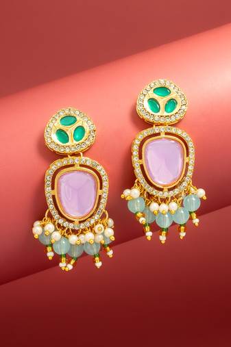 purple and green ad statement drop earrings with beaded fringe