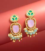 purple and green ad statement drop earrings with beaded fringe