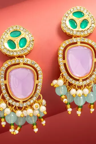 purple and green ad statement drop earrings with beaded fringe