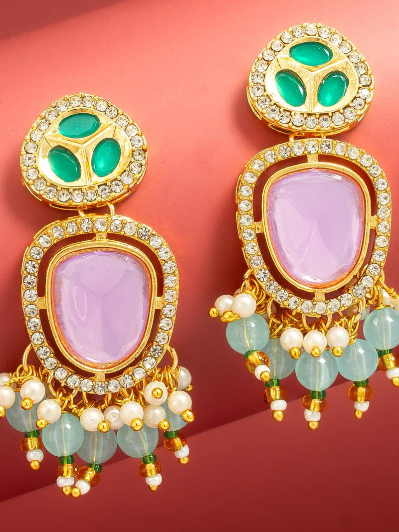 purple and green ad statement drop earrings with beaded fringe