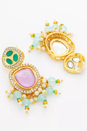 purple and green ad statement drop earrings with beaded fringe