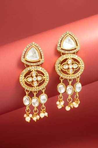 clear stone ad floral motif chandelier earrings with pearl drops