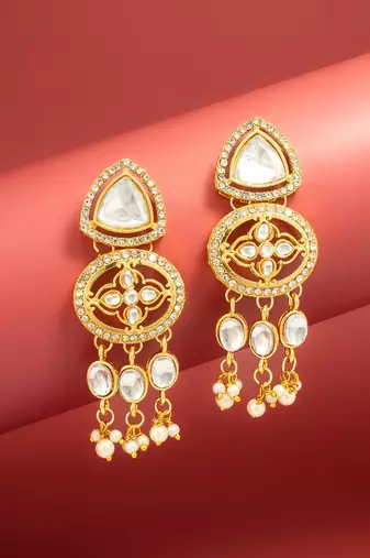 clear stone ad floral motif chandelier earrings with pearl drops