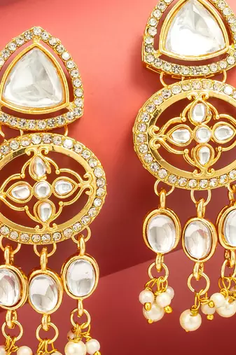 clear stone ad floral motif chandelier earrings with pearl drops