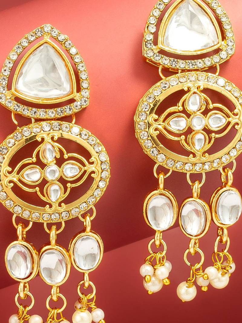 clear stone ad floral motif chandelier earrings with pearl drops