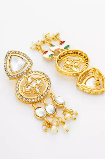 clear stone ad floral motif chandelier earrings with pearl drops