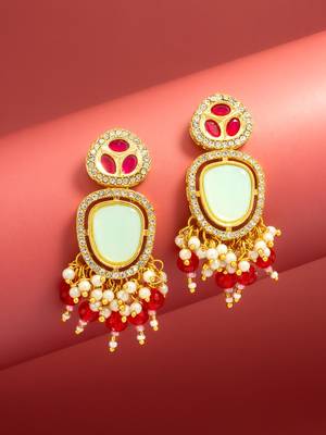 mint and red ad statement drop earrings with beaded fringe 1