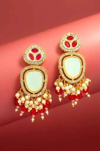 mint and red ad statement drop earrings with beaded fringe