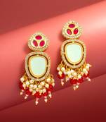 mint and red ad statement drop earrings with beaded fringe