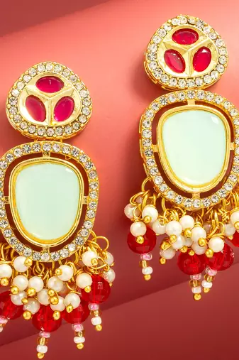 mint and red ad statement drop earrings with beaded fringe