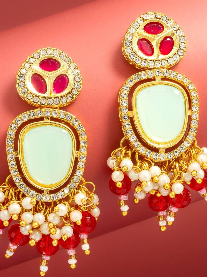 mint and red ad statement drop earrings with beaded fringe