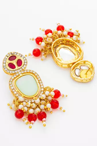 mint and red ad statement drop earrings with beaded fringe