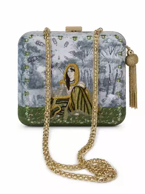 Indian Queen Portrait Embellished Clutch Bag with Gold Tassel 1