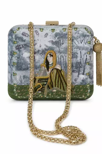 Indian Queen Portrait Embellished Clutch Bag with Gold Tassel