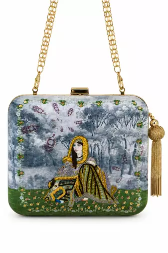 Indian Queen Portrait Embellished Clutch Bag with Gold Tassel
