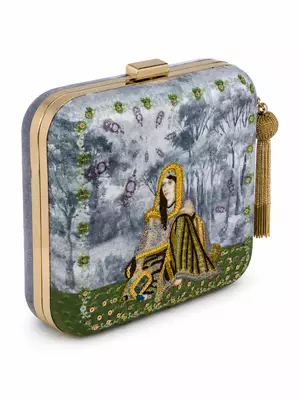 Indian Queen Portrait Embellished Clutch Bag with Gold Tassel 3