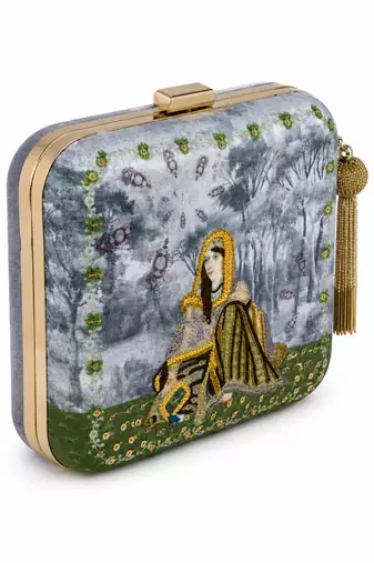 Indian Queen Portrait Embellished Clutch Bag with Gold Tassel