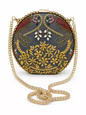 Zardozi Embroidered Clutch with Gold Chain 1
