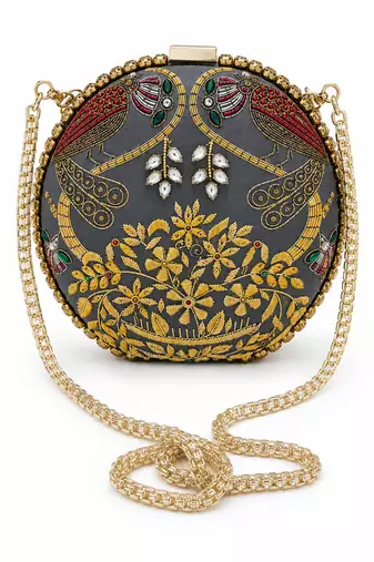 Zardozi Embroidered Clutch with Gold Chain