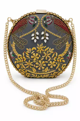 Zardozi Embroidered Clutch with Gold Chain