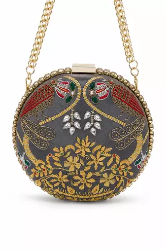 Zardozi Embroidered Clutch with Gold Chain