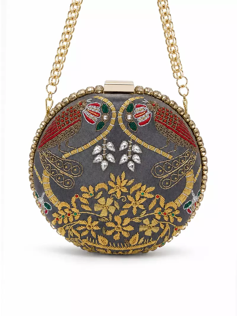 Zardozi Embroidered Clutch with Gold Chain