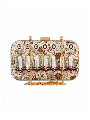 Ivory Floral Print Jewel Clutch Bag with Pearl Tassel 1