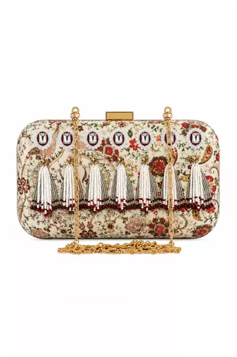 Ivory Floral Print Jewel Clutch Bag with Pearl Tassel