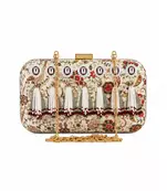 Ivory Floral Print Jewel Clutch Bag with Pearl Tassel