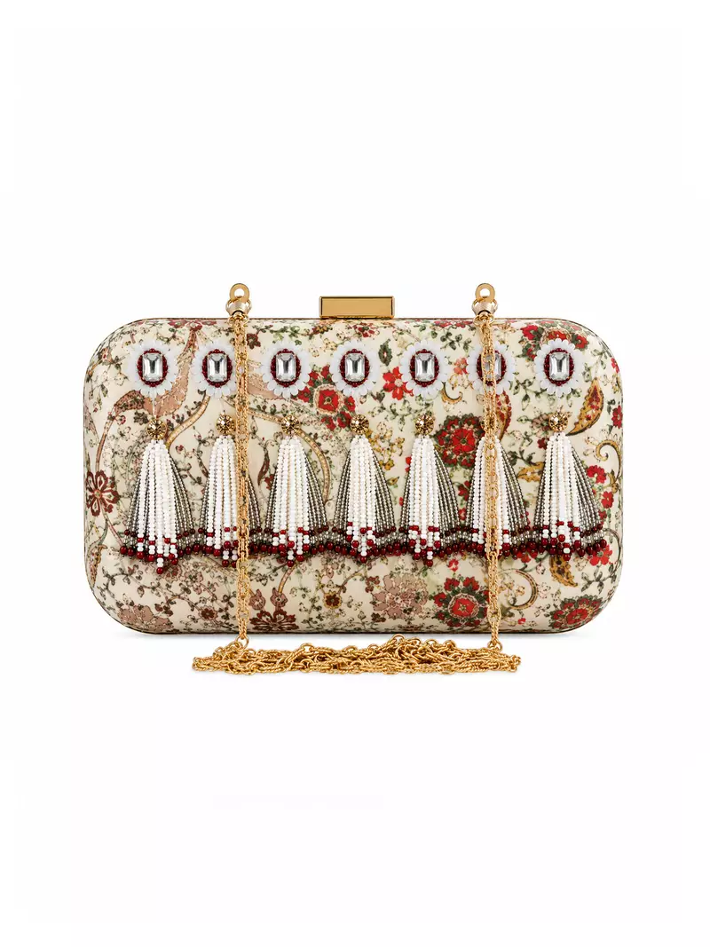 Ivory Floral Print Jewel Clutch Bag with Pearl Tassel