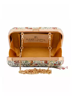 Ivory Floral Print Jewel Clutch Bag with Pearl Tassel 2