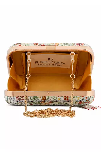 Ivory Floral Print Jewel Clutch Bag with Pearl Tassel