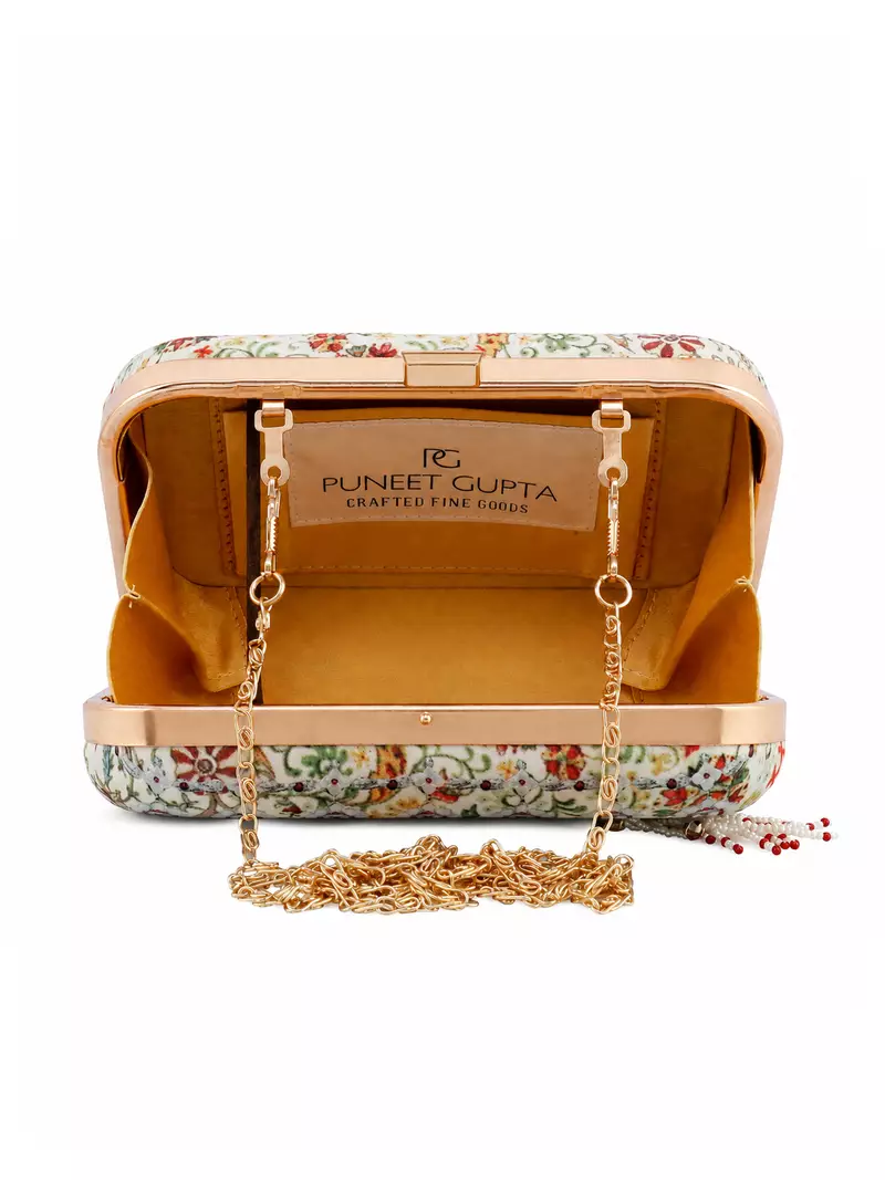 Ivory Floral Print Jewel Clutch Bag with Pearl Tassel