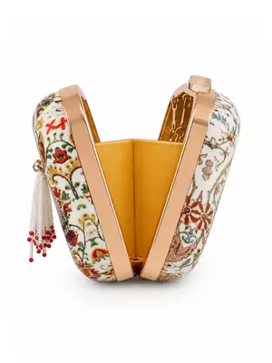 Ivory Floral Print Jewel Clutch Bag with Pearl Tassel 3