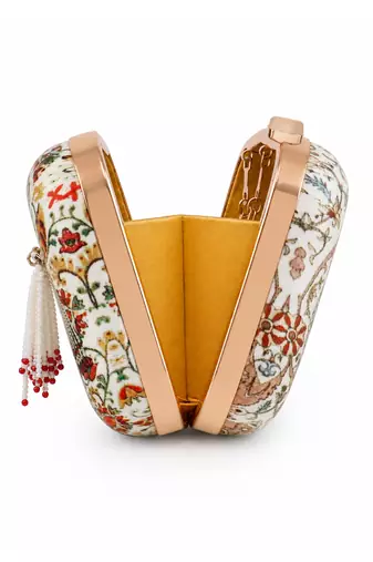 Ivory Floral Print Jewel Clutch Bag with Pearl Tassel