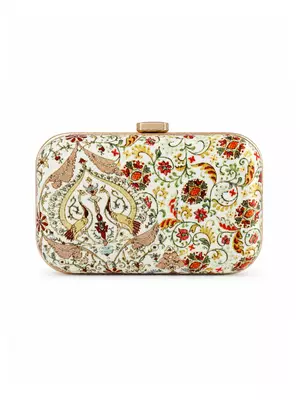 Ivory Floral Print Jewel Clutch Bag with Pearl Tassel 4