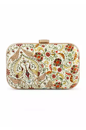 Ivory Floral Print Jewel Clutch Bag with Pearl Tassel