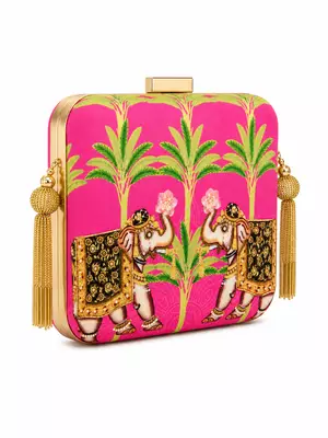 Pink Elephant Print Clutch Bag with Embroidered & Gold Embellishment 1
