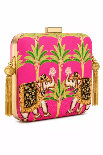 Pink Elephant Print Clutch Bag with Embroidered & Gold Embellishment