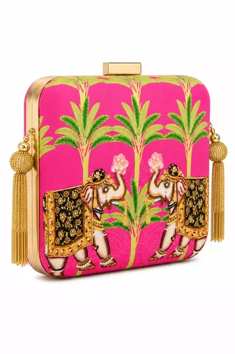 Pink Elephant Print Clutch Bag with Embroidered & Gold Embellishment