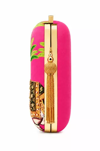 Pink Elephant Print Clutch Bag with Embroidered & Gold Embellishment