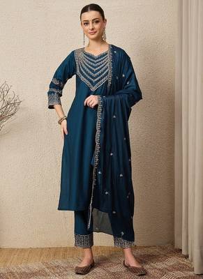 TEAL BLUE EMBRODEIRY WORK FABRIC ROMAN SILK WOMENS KURTI PANT DUPATTA SET 1