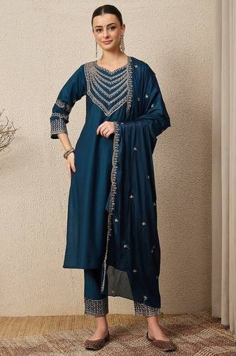 TEAL BLUE EMBRODEIRY WORK FABRIC ROMAN SILK WOMENS KURTI PANT DUPATTA SET