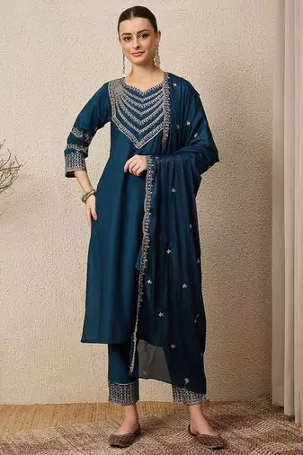 TEAL BLUE EMBRODEIRY WORK FABRIC ROMAN SILK WOMENS KURTI PANT DUPATTA SET
