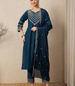 TEAL BLUE EMBRODEIRY WORK FABRIC ROMAN SILK WOMENS KURTI PANT DUPATTA SET
