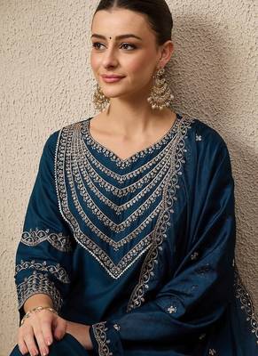 TEAL BLUE EMBRODEIRY WORK FABRIC ROMAN SILK WOMENS KURTI PANT DUPATTA SET 2