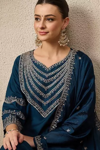 TEAL BLUE EMBRODEIRY WORK FABRIC ROMAN SILK WOMENS KURTI PANT DUPATTA SET