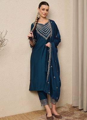 TEAL BLUE EMBRODEIRY WORK FABRIC ROMAN SILK WOMENS KURTI PANT DUPATTA SET 3