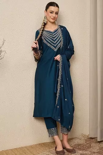 TEAL BLUE EMBRODEIRY WORK FABRIC ROMAN SILK WOMENS KURTI PANT DUPATTA SET
