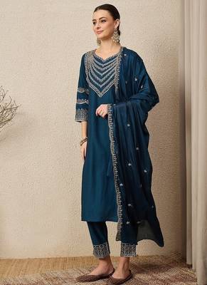 TEAL BLUE EMBRODEIRY WORK FABRIC ROMAN SILK WOMENS KURTI PANT DUPATTA SET 4